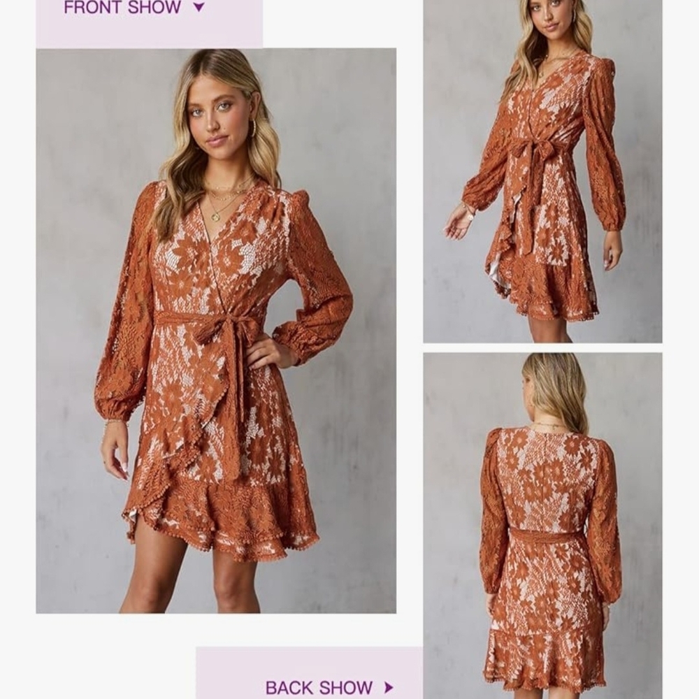 Elegant Rust Lace Wrap Mini Dress